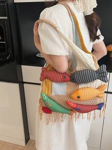 1pc Colorblock Fish Print Large Capacity Shoulder Tote Bag, Fashionable Crochet Boho Style Beach Vacation Everyday Bag For Women,Straw Bag - Khaki - View 3