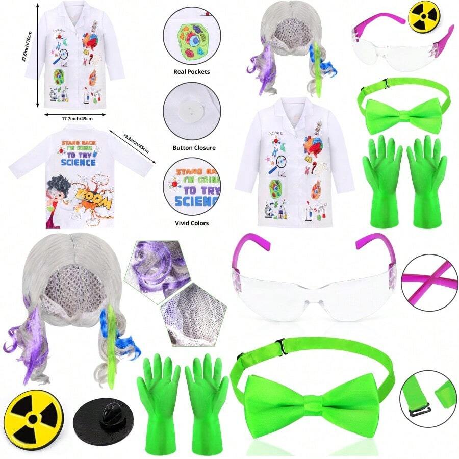 Kyson - Disfraz de cientifico loco para niñas disfraz de laboratorio de ciencias locas anteojos guantes y broche de pajarita para disfraces de HalloweenDurable, Sólido,cultivating children's interests - Multicolor - Ver 1