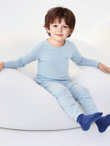 Balabala Children's Cotton Thermal Underwear Set, Soft Breathable Long Sleeve Top And Pants, Comfortable Base Layer Pajamas - Ice Blue - View 3