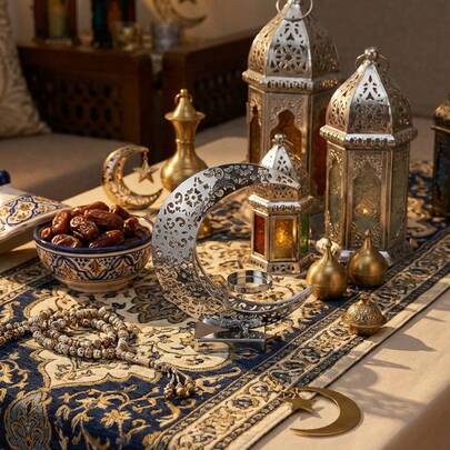 一套银色金属镂空新月形烛台/斋月灯笼/烛台/防风玻璃烛台。它也可以用作装饰品和香炉。