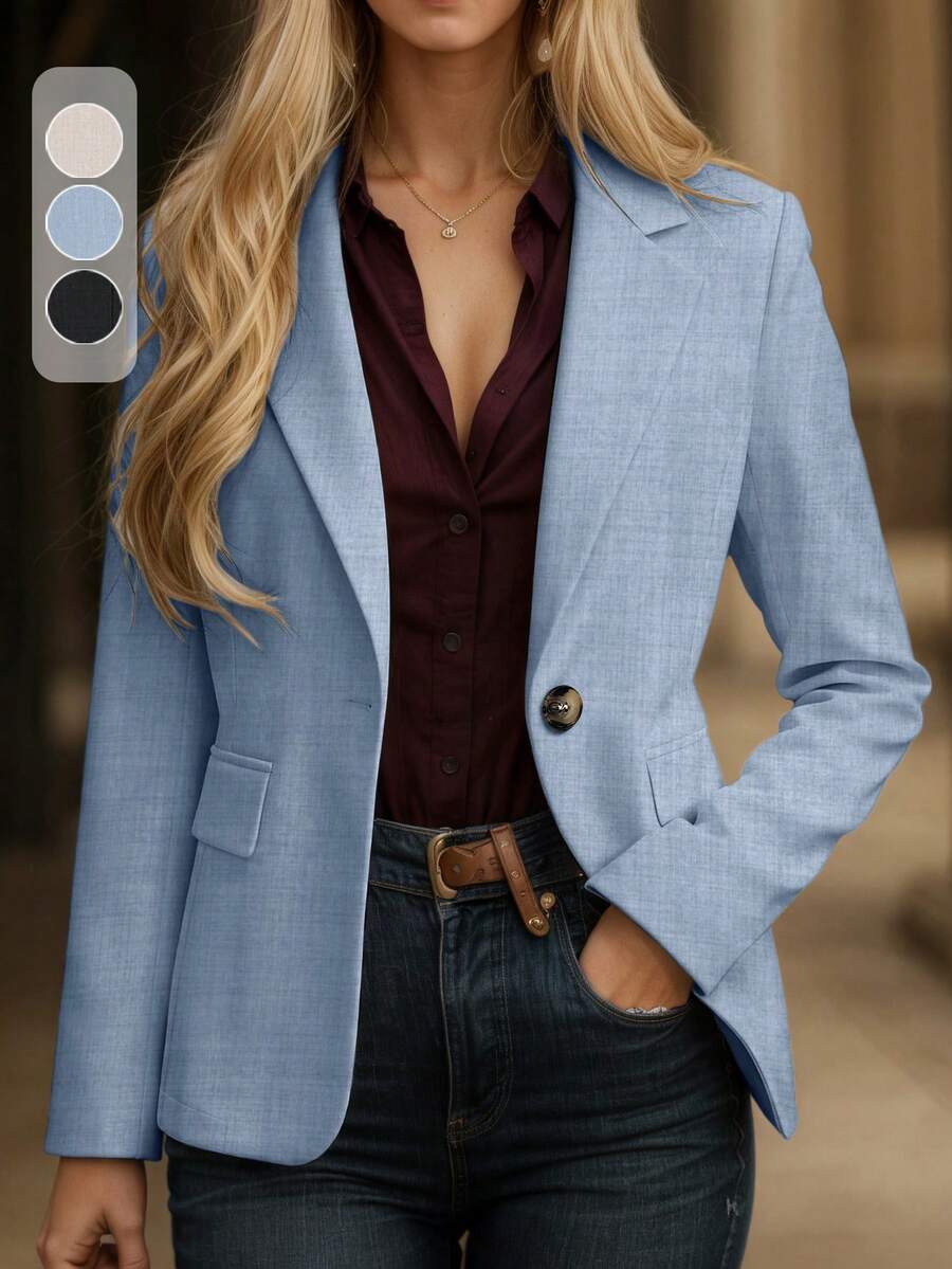 女士优雅简约肩垫修身中长款双排扣西装外套，适合通勤穿着 - 藍色 - 查看 1