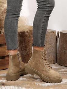 卡其色系带短靴，侧拉链装饰，亮面短筒机车靴，时尚优雅，适合办公室、学校、秋冬季穿着。 - 卡其色 - 查看 4