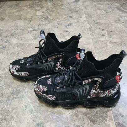 男士黑色迷彩高帮运动鞋，全掌气垫减震厚底厚底运动鞋