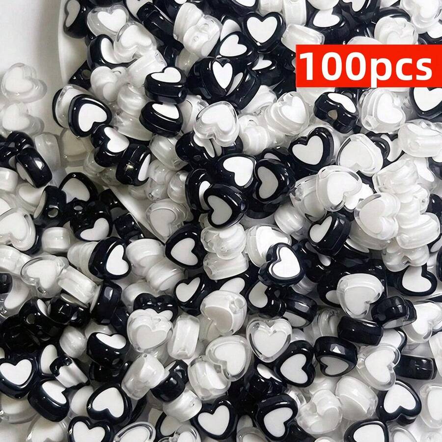 Yiwu Qiyou Accessories Co., LTD 100 Stück 8mm schwarze und weiße kleine Herz-Perlen in gemischten Farben für Schmuckherstellung, süßer Mädchenstil Armband, Halskette, Ohrringe, Charms, Geburtstaggeschenk, Feiertags-Dekorationen, Bastelbedarf