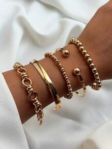 5pcs Fashionable Punk Inspired Metallic Beaded Gold Bracelet & Bangle Set For Women, Suitable For Daily Wear, Dates, Parties, Weddings, Birthdays, Valentine's Day Gifts - Yellow Gold - View 1