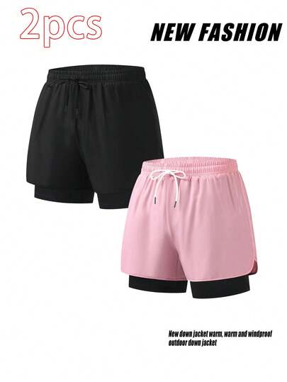 New Women's Sports Fitness Double-Layer Shorts, Ice Silk Quick-Dry Ladies Running Shorts, Yoga Shorts