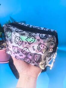 1pc Sanrio KT Cat Cute Flocked & Mesh Portable Cosmetic Bag, Large Capacity Makeup Pouch For Travel & Touch-Up