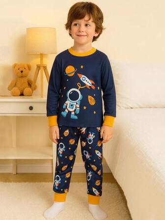 2 件装青少年男孩休闲宇航员和太阳系印花毛衣上衣和裤子舒适套装，儿童服装