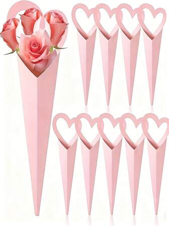 5 buc. Pungi cadou buchet de flori roz/albe | Decupaje în formă de inimă și ambalaje pentru flori individuale - Cutii de flori din hârtie absorbantă pentru cadouri de nuntă, Ziua Îndrăgostiților, zile de naștere, petreceri - Cutii elegante de prezentare roz și albe (rechizite pentru petreceri în vrac)