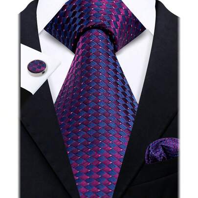 1 Set Men's Business Purple Necktie, Pocket Square, Cufflinks Suit, Office Necktie Suitable For Party, Wedding, Gift