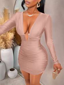 AIJ Amarilo Elegant Sexy Women's Short Deep V-Neck Long Sleeve Ruched Fitted Mini Dress, Suitable For Parties And Night Out Spring - Gray Pink - View 6