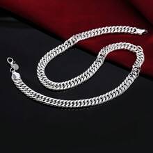 2pcs/Set Stylish 925 Silver Plated Men's Cuban Curb Chain, Bracelet Necklace Jewelry Set - Silver - View 8