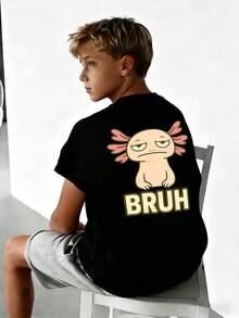 男童休闲印花圆领短袖T恤，夏季上衣 - 黑色 - 查看 1