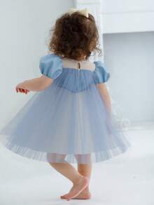 Baby Girls' Blue Bow Tulle Elegant Party Dress, Princess Dress, Suitable For Baby's 1st Birthday Gift, Party, Wedding, Flower Girl, All Season - Blue - View 3