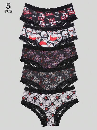 Dircho 5条装女士性感可爱哥特风撞色蕾丝比基尼内裤 - 骷髅/海盗/骷髅蜘蛛印花，丝滑柔软舒适贴身内衣，弹力透气松紧腰轻盈日常内衣套装