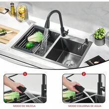 Tarjas Para Cocina Acero Inoxidable,Fregadero De Cocina de Doble Tazón, 80 * 45 * 21cm Fregadero De Barra con Grifo y Escurridor de Platos,con Dispensador de jabón, para Baño, Cocina, Bar - Negro mate - Doble ranura - Ver 3