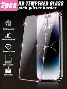 2pcs Pink Glitter Film, High-Definition Tempered Glass Screen Protector, Anti-Sweat, Shatterproof, Anti-Theft, Compatible With IPhone11/12/13/14/15/16/16Plus/16Pro/16Promax/16e/17/17 Air/17 Pro/17 Pro Max - Clear - View 13