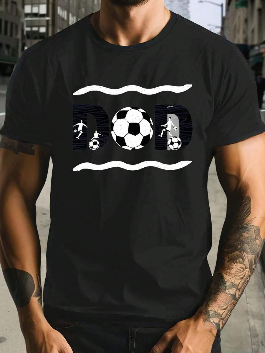 Camiseta gráfica de fútbol para hombres - Diseño ;DOD; Cuello redondo casual. Manga corta. Camiseta de algodón de verano. Negro con letras blancas e ilustración de balón de fútbol. Ropa de aficionado al deporte Camiseta temática de fútbol Costura de calidad. accesorio de fútbol - Negro - Ver 1