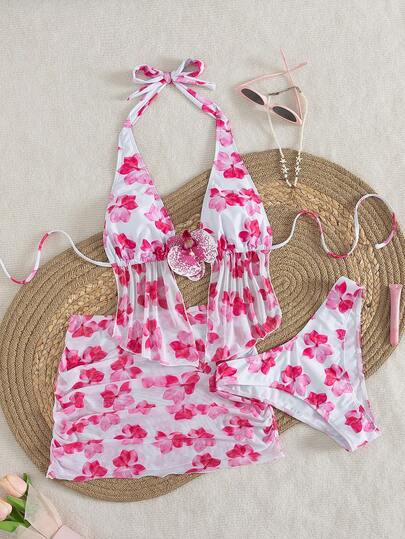 Conjunto de traje de baño de verano para mujer 2026, estampado floral aleatorio, bikini con tirantes finos sexy, elegante para vacaciones en la playa, fiestas, moda diaria, primavera y verano