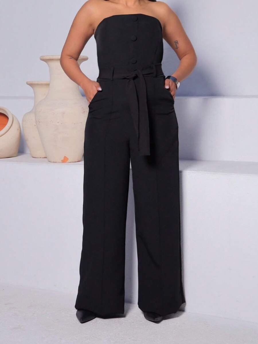 Macacão Pantalona Feminino Tomara Que Caia Cintura Marcada Com Faixa Botões Elegante Casual Versátil - Preto - Visão 1