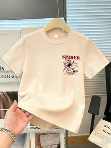 Tween Boy Spider & Spider Web Pattern Pullover Sweatshirt, "SPIDER" Letter Print, Round Neck Short Sleeve, Suitable For Summer And Autumn, New Boys Clothing - Apricot - View 6