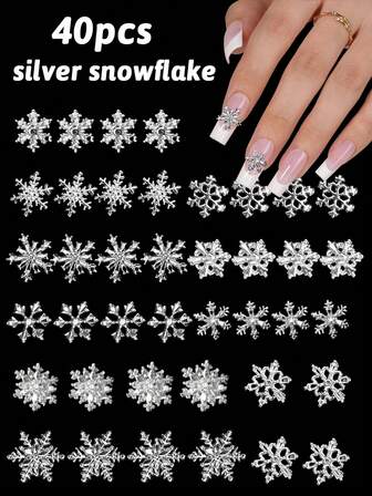 40pcs Set Of Glittering Snowflake Nail Ornaments, Christmas Style 3D Alloy Snowflake Shape - DIY Nail Art Decorations, Nail Accessories Nail Supplies