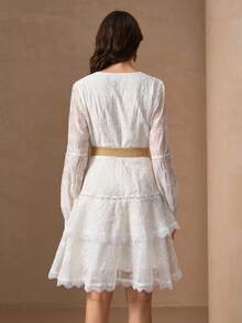 优雅V领荷叶边拼接长袖奢华连衣裙，白色，春季款，女士款 - 白色 - 查看 3