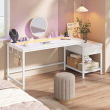 EnHomee 48.1" Computer Desk With Power Outlet & LED Lights Reversible Office Desk With Drawers & Shelf To Storage Small Desk For Bedroom,Dorm Vanity Table,White - 白色 - 查看 2