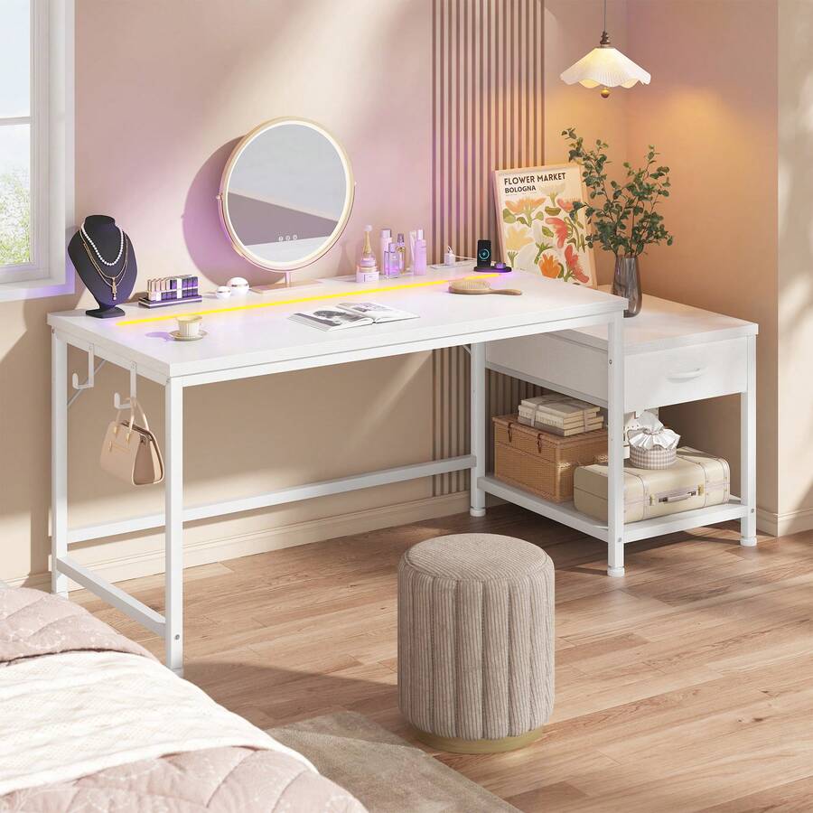 EnHomee 48.1" Computer Desk With Power Outlet & LED Lights Reversible Office Desk With Drawers & Shelf To Storage Small Desk For Bedroom,Dorm Vanity Table,White - Xem 1