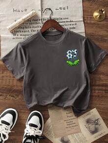 Boys & Teens Casual Printed Crew Neck Short Sleeve T-Shirt, Summer Top - Dark Grey - View 5