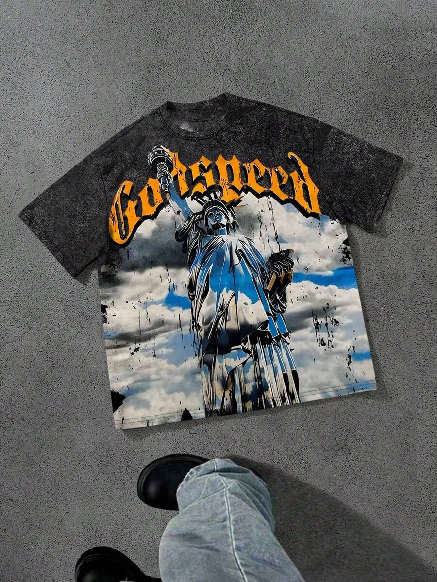 Manfinity Manfinity Streetrush Letter & Statue Print Round Neck Casual Short Sleeve T-Shirt Graphic Tees Streetwear Graphic Tees Men Vintage - màu đen - Xem 1