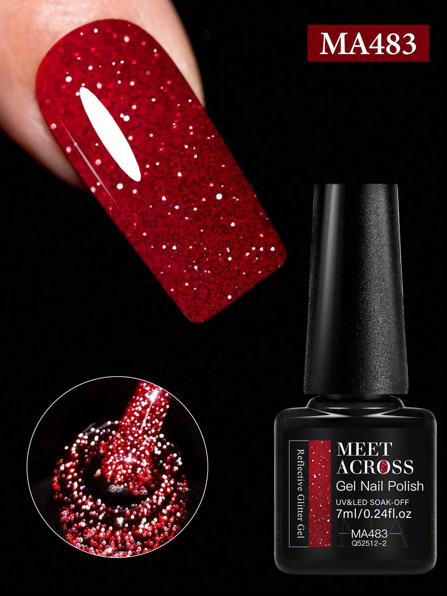 MEET ACROSS 1 Chai 7ml Sơn móng tay dạng gel nhũ đỏ phản quang, hiệu ứng kim cương nghiền, thích hợp cho móng tay mùa thu/đông, dùng tại nhà và salon.