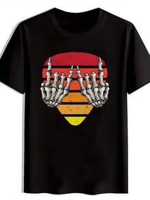 Camiseta gráfica vintage de banda de rock para hombres - Camiseta negra de manga corta con cuello redondo y manos de esqueleto retro; Estampado de rayas coloridas. Top Casual de Verano de Poliéster Transpirable para Conciertos. Festivales. Vacaciones en la playa. Camisetas de banda de rock. Atuendo de Vacaciones. Camisa lavable aáquina - Negro - Ver 1