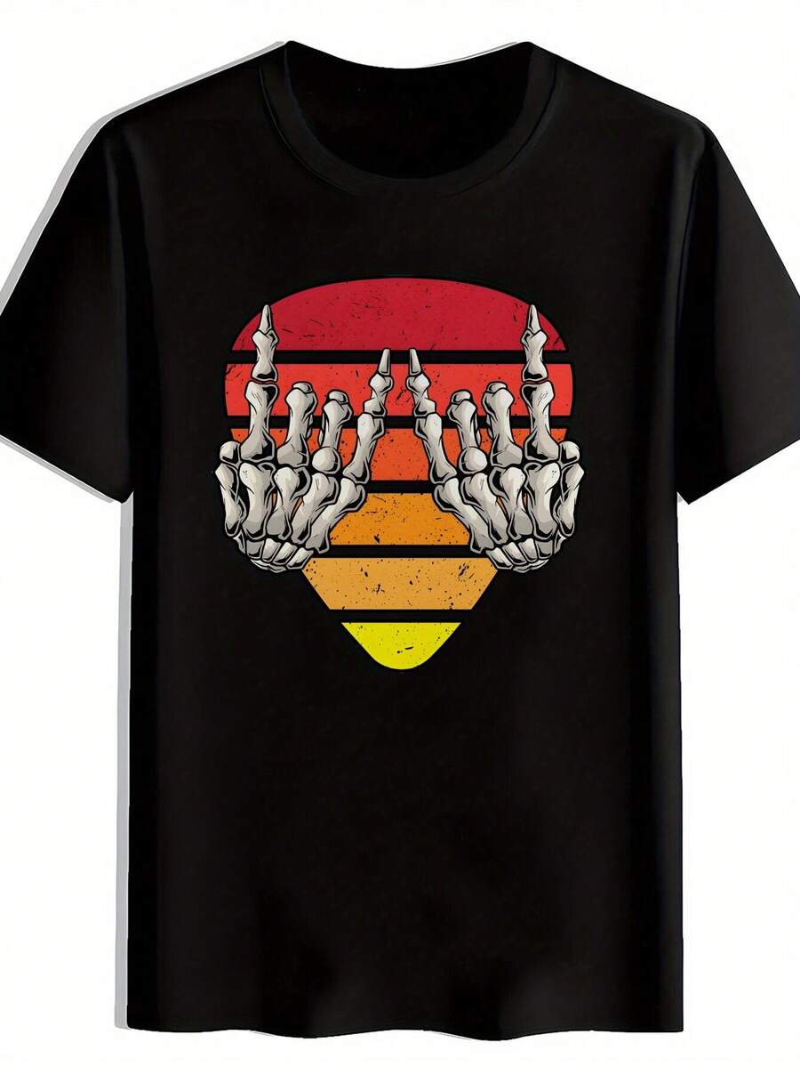 Camiseta gráfica vintage de banda de rock para hombres - Camiseta negra de manga corta con cuello redondo y manos de esqueleto retro; Estampado de rayas coloridas. Top Casual de Verano de Poliéster Transpirable para Conciertos. Festivales. Vacaciones en la playa. Camisetas de banda de rock. Atuendo de Vacaciones. Camisa lavable aáquina - Negro - Ver 1