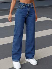 Women's Light Blue Mid-Waist Slim Fit Straight Leg Casual Pants & Versatile Washed Denim - Medium Blue - View 5