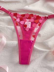 1 Set Women's Sexy Lingerie, Magenta Mesh Heart Embroidery Bra & Adjustable Panty Set, Sheer & Romantic, Intimate Gift For Couples - 玫紅色 - 查看 4