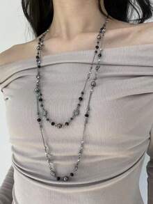 1pc Women's Elegant Floral Crystal Ball Beaded Long Necklace, Multi-Color Metal, Fashionable & Versatile For Party, Wedding, Daily Outfit Accessories - 彩色 - 查看 4