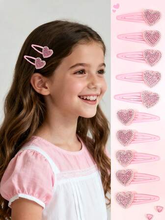 10 piezas Clips para el cabello con forma de corazón para el Día de San Valentín para niñas, con cristales de color rosa plateado. Clips de pelo lindos y dulces, delicados, ideales como regalo o para ocasiones festivas. Pasadores de pelo sorpresa dulce para el uso diario de adolescentes y accesorios para el cabello