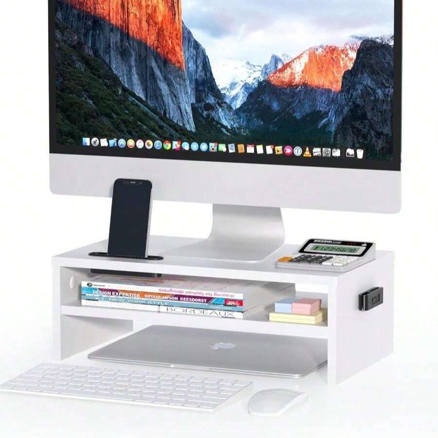 BONTEC Wooden Monitor Stand Riser, 2-Tier Desk Shelf With Storage Organizer, Ergonomic Computer Stand With Cable Management, Cellphone Holder, White, 165 Inch - Màu E - Xem 1