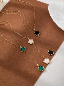 1件装女士四叶草Y形流苏吊坠项链，简约风格，奢华优雅，百搭饰品 - 綠色 - 查看 2