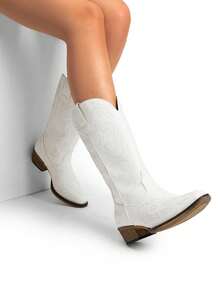 Women's Fashionable Western Boots Slip-On Waterproof Mid-Calf Boots For Parties & Proms - White - View 10