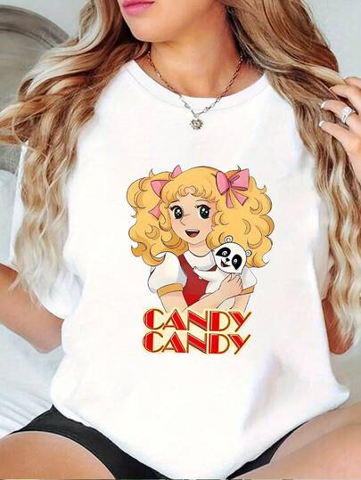 Camiseta Casual Estampada con Patrón de Dulces para Mujeres - Diseño de Personaje de Dibujos Animados Retro, Cuello Redondo Suave y Elástico, Manga Corta, Lavable a Máquina, Estilo Cómodo para las Cuatro Estaciones, Estilo Juvenil, Tela No Transparente, Envío Nacional para Mujeres, Blusas de Manga Larga para Mujeres