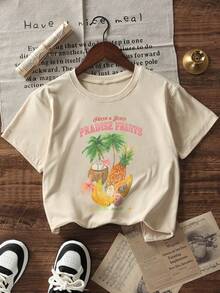 Tween Girls' Casual Apricot Printed Round Neck Short Sleeve T-Shirt, Summer Top - Apricot - View 5