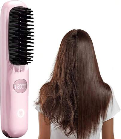Go Brush Pro, 2026 Upgraded Cordless Hair Straightener Brush, Fast Heating Portable Hair Straightener Comb For Women Travel Essentials With 3 Adjustable Temperature Pink