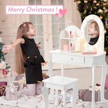 Juego de Maquillaje Infantil de Madera para Niñas, Mesa y Silla con Espejo Iluminado al Tacto, Juego de Cambiador con Taburete para Juego de Rol - Blanco - Ver 5