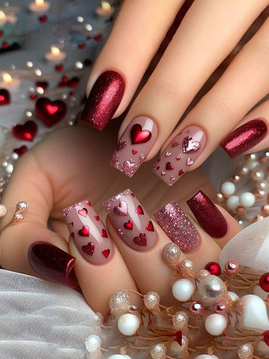 24片短方形亚克力美甲贴纸，红色指甲带红色闪粉，红色爱心图案，沙龙级美甲品质，易于佩戴，套装包含1瓶美甲胶水和1个指甲锉，适合日常办公和约会之夜的美甲用品。 - 紅色 - 查看 1