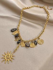 1pc Fashionable Gold-Tone Mixed Pendant Necklace - Sun Tassel, Leaf And Flower Pendants, Eye-Catching Accessory, Elevates Casual And Holiday Outfits, Unisex, Valentine's Day Gift, Men's Necklace - Multicolor - View 10