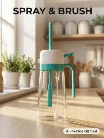 1pc Press-Spray-Brush Integrated Oil Spray Bottle. The Press-Spray Nozzle Evenly Sprays Oil, Suitable For Kitchen Cooking, Kitchen Oil Storage, And Outdoor Camping. It Features Fine Atomized Oil Spray For Quantitative Oil Control. The Silicone Brush Head Is Heat-Resistant. It Is A Multi-Functional Cooking Bottle And A Popular Kitchenware.