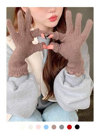 1 双秋冬新款时尚基础保暖羊毛混纺触屏手套，女士款，简约针织露指手套，饰有花卉滚边，适合发短信、骑行、户外活动