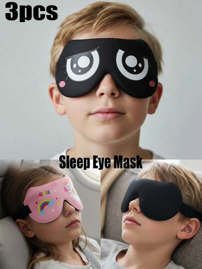 3件套独角兽印花睡眠眼罩，适合8岁以上儿童、青少年及成人，舒适3D立体贴合设计，无眼部压力，遮光眼罩，适合睡眠、小憩、旅行